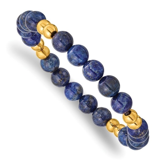 Stainless Steel Polished Yellow IP-plated 6-8mm Lapis Beaded Stretch Bracelet - Picture 1 of 3